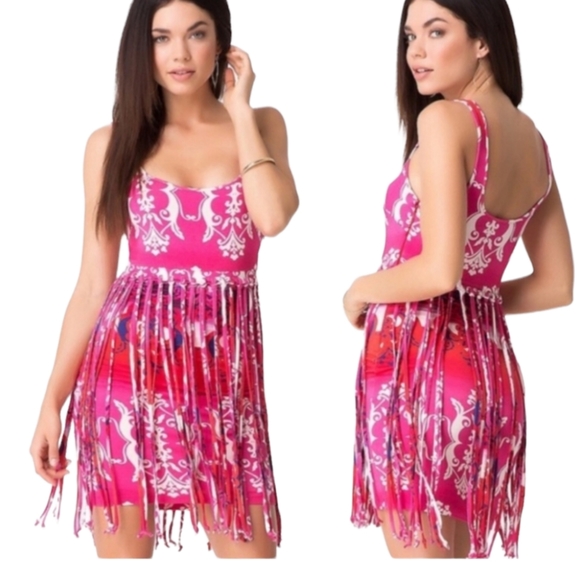 Bebe fringe jersey dress party going out Moroccan print XS - Picture 2 of 13